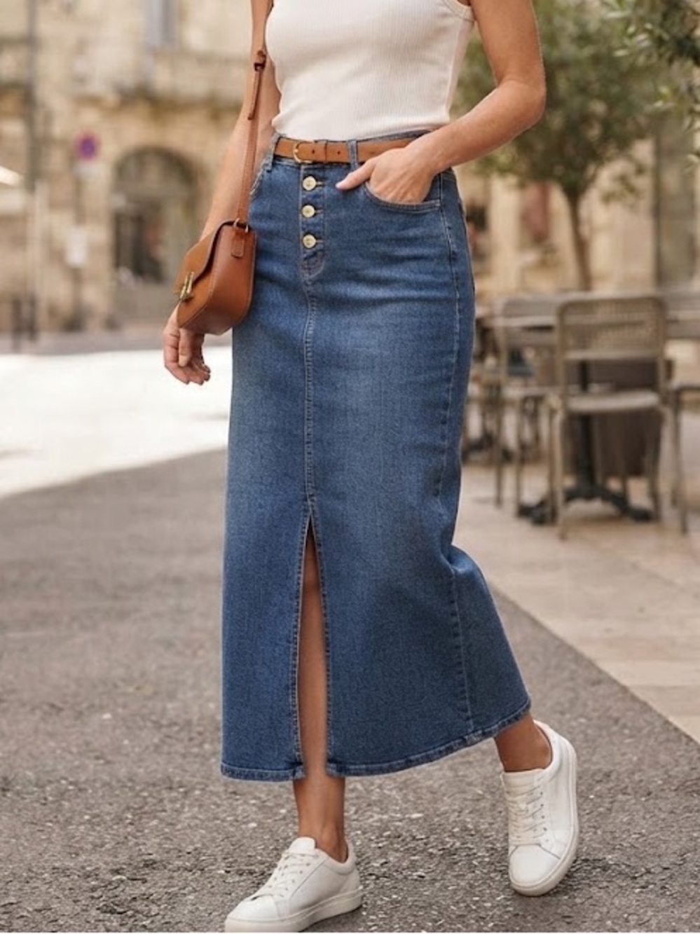 Oat New York Classic Blue Denim Button-Front Midi Skirt - #171